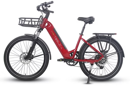 Red electric bicycle with a black basket on a white background