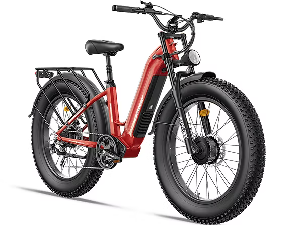 Red electric bike with black components on a white background