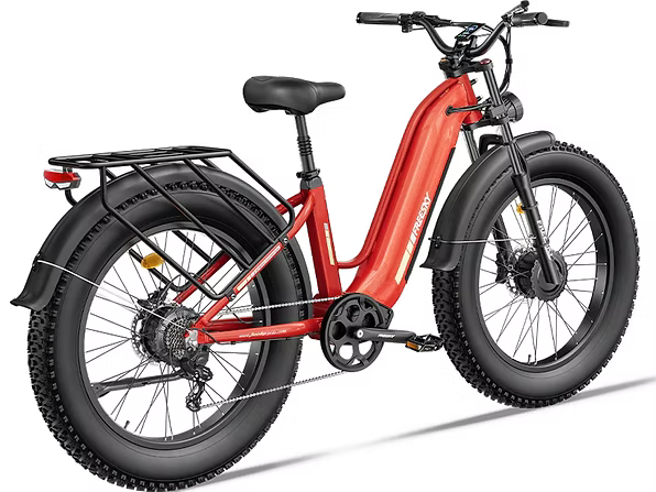 Red electric bike with black tires on a white background