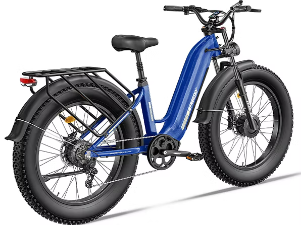 Blue electric bike with black tires on a white background