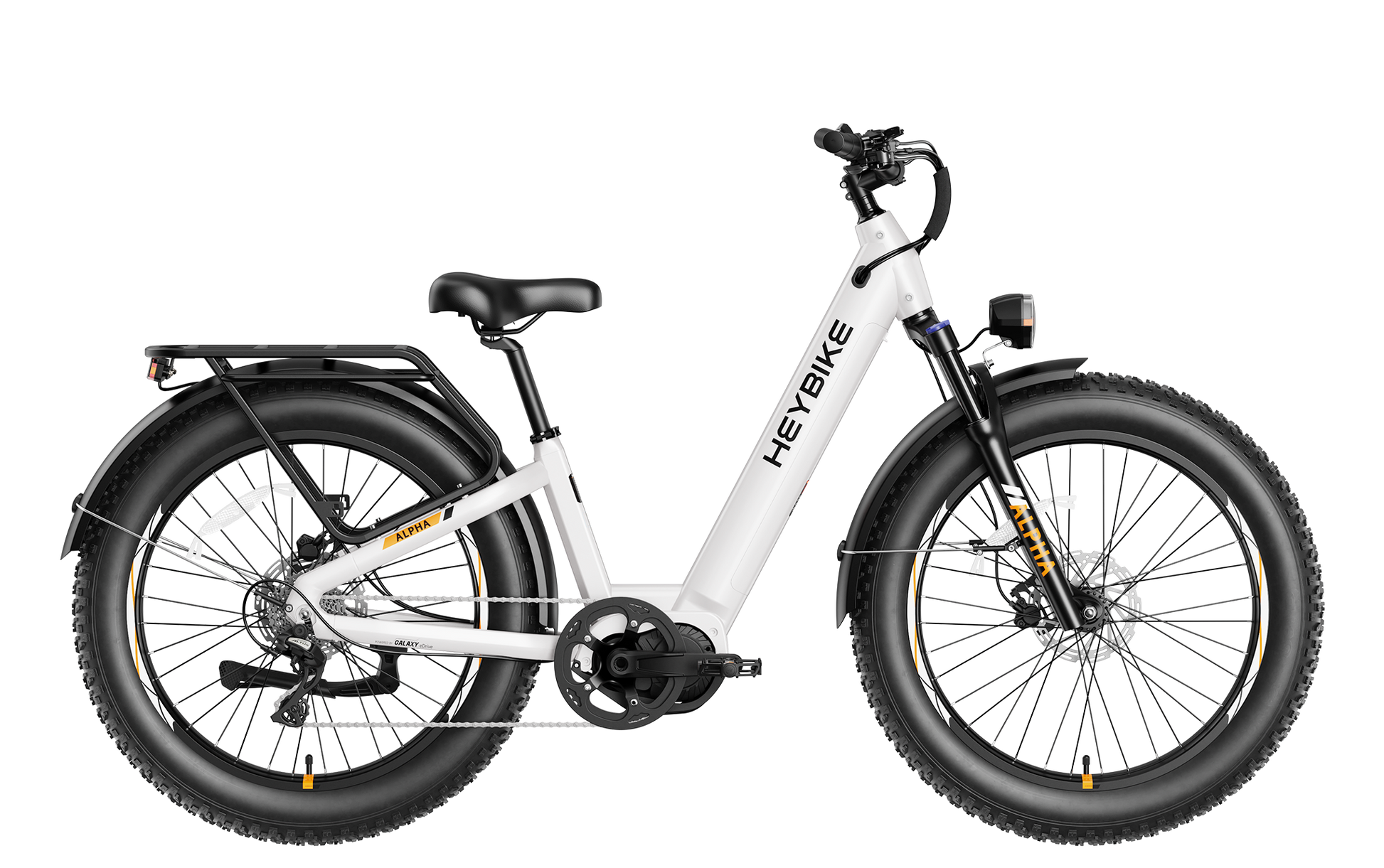 Heybike ALPHA mid-drive fat tire electric bike in Pearl White step-through frame