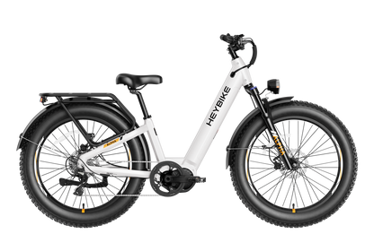 Heybike ALPHA mid-drive fat tire electric bike in Pearl White step-through frame