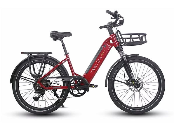 Red electric bicycle with a black seat and basket on a white background