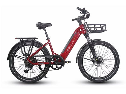 Red electric bicycle with a black seat and basket on a white background